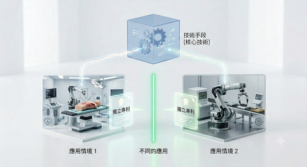 同一核心技術應用於不同情境（如醫療手術機械臂 vs 工業生產機械臂），各自構成獨立可申請的專利